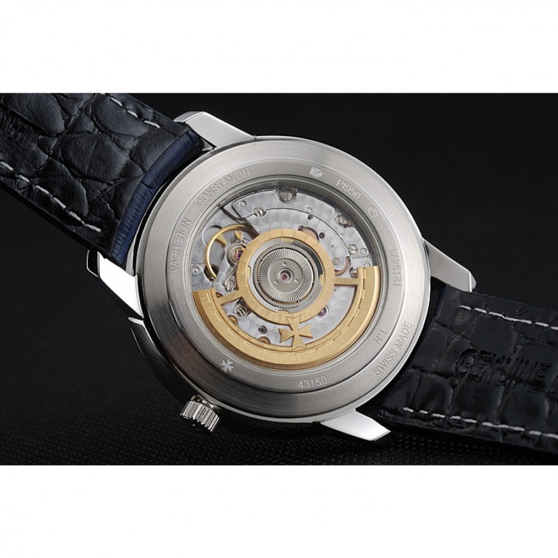 High End Replica Watches Swiss Vacheron Constantin Patrimony Silver Dial Silver Diamonds Case Blue Leather Bracelet 1454161-8