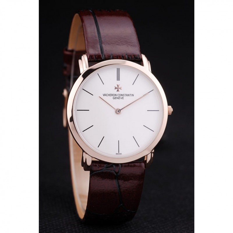 Cheap Vacheron Constantin Patrimony White Dial Rose Gold Case Rich Maroon Leather Bracelet-1