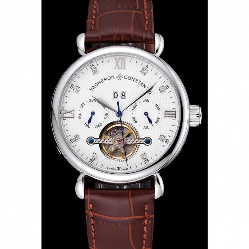 Cheap Replica Watches Vacheron Constantin Traditionnelle Tourbillon White Dial Diamond Numerals Brown Leather Bracelet 1454064-1