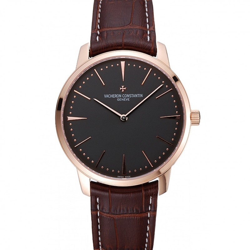 Swiss Vacheron Constantin Patrimony Grey Dial Rose Gold Case Brown Leather Bracelet 1454166-0