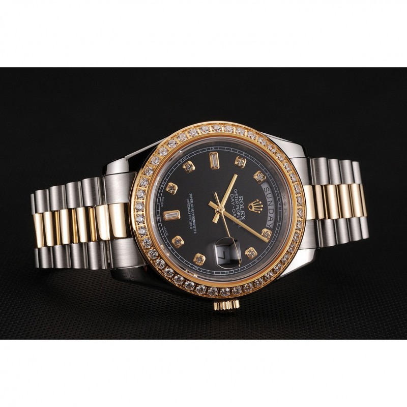 Cheap Replica Watches Swiss Rolex Day-Date Black Dial Gold Diamond Case Two Tone Stainless Steel Bracelet 1453976-3
