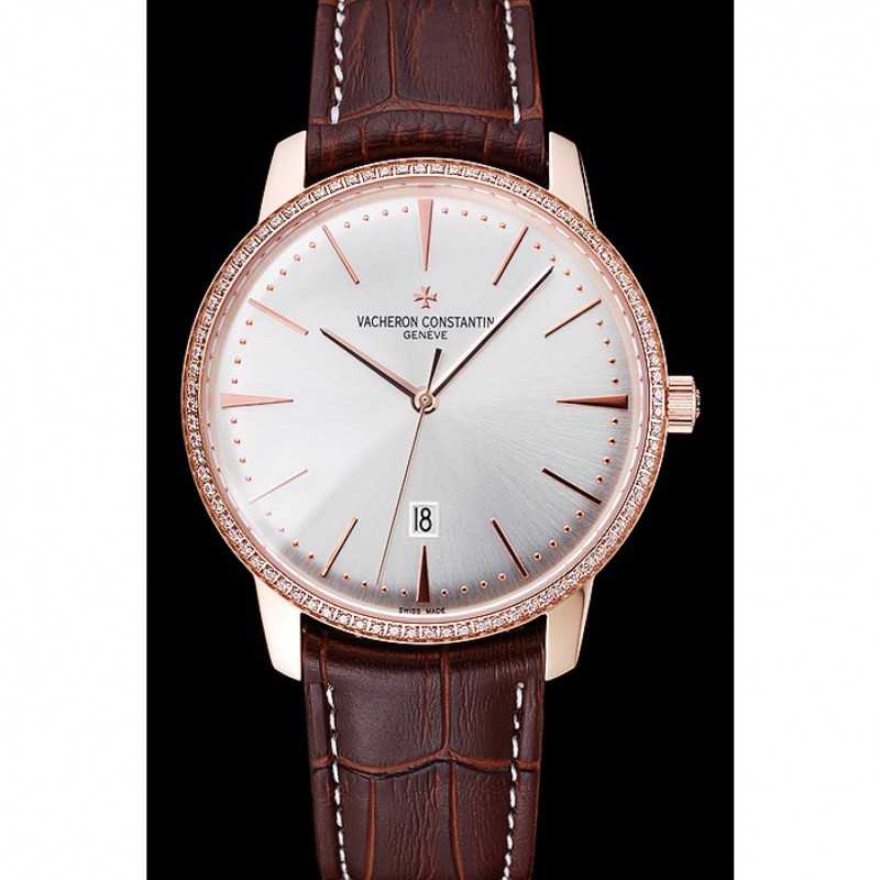 Swiss Vacheron Constantin Patrimony White Dial Rose Gold Diamonds Case Brown Leather Bracelet 1454170-1