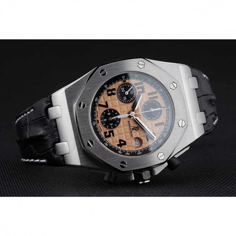 Swiss Audemars Piguet Royal Oak Offshore Gold Dial Stainless Steel Case Black Leather Strap 622849-3