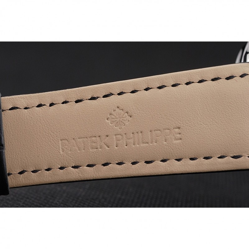 Swiss Patek Philippe Split Seconds Chronograph White Dial Silver Numerals Stainless Steel Case Black Leather Strap-4