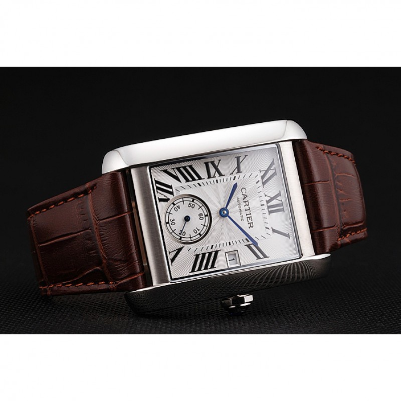 Swiss Cartier Tank MC White Dial Stainless Steel Case Brown Leather Strap-4