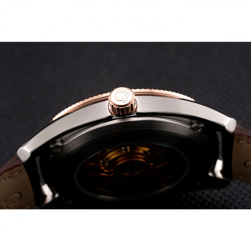 Omega Globemaster Silver Dial Rose Gold Bezel Stainless Steel Case Brown Leather Strap-6