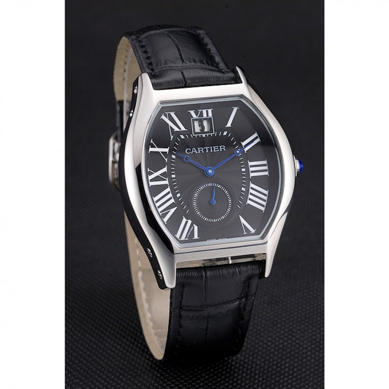 Cartier Tortue Large Date Black Dial Stainless Steel Case Black Leather Strap-2