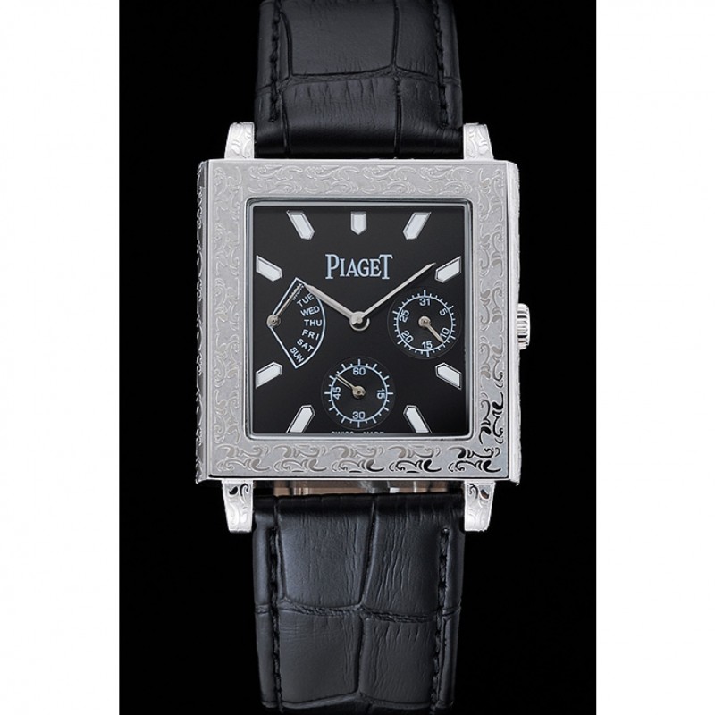 Piaget Emperador Limited Edition Black Dial Engraved Silver Case Black Leather Bracelet 1454136-1