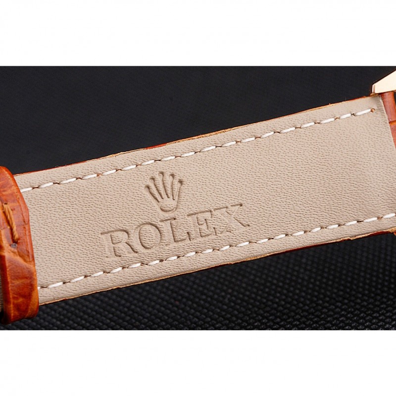 Swiss Rolex Cellini White Dial Rose Gold Case Light Brown Leather Strap-6