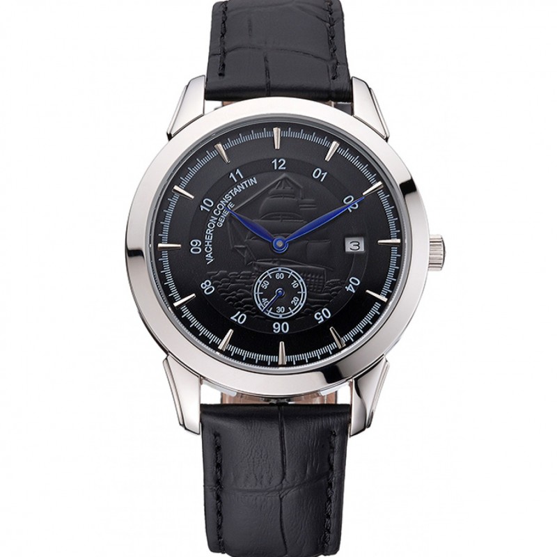 Vacheron Constantin Traditionnelle Black Ship Dial Stainless Steel Case Black Leather Strap-0