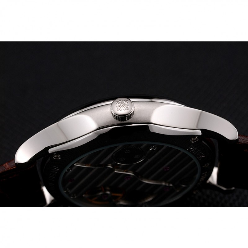 Patek Philippe Calatrava Date Silver Dial Stainless Steel Case Brown Leather Strap-8