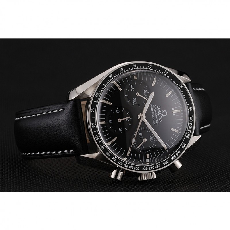 Swiss Omega Speedmaster Professional Black Dial Black Leather Bracelet 1453936-2