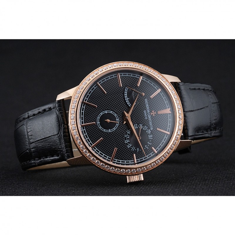 Vacheron Constantin Patrimony Power Reserve Black Dial Gold Diamond Case Black Leather Bracelet 1454269-3
