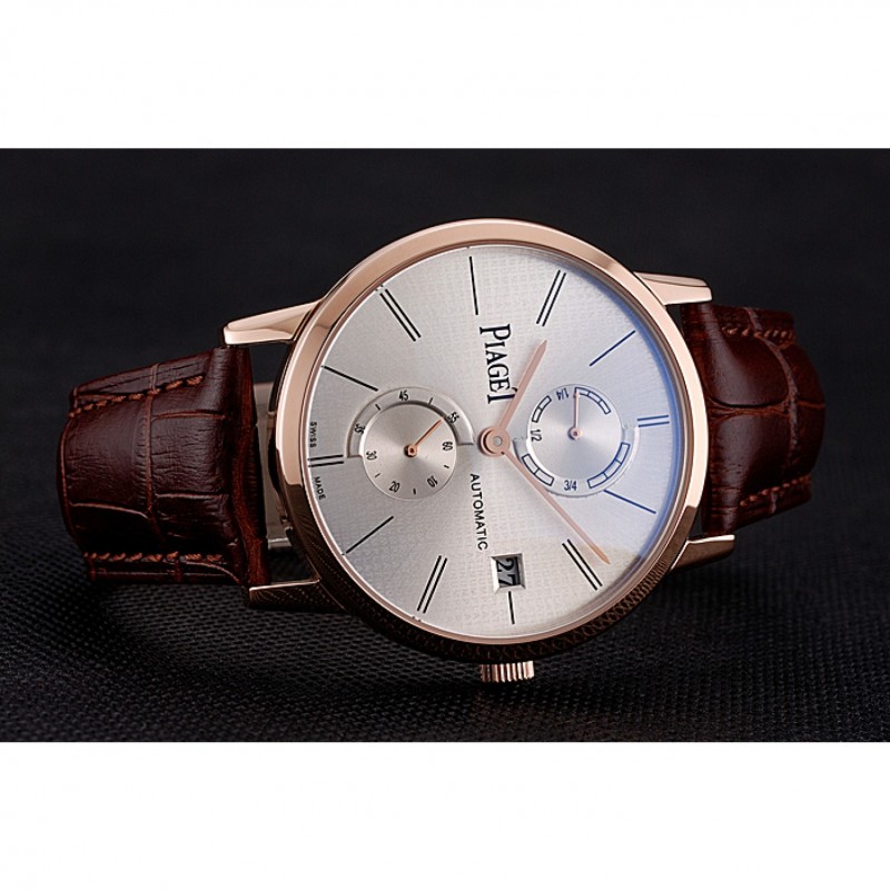 High Quality Piaget Altiplano Date Silver Dial Rose Gold Case Brown Leather Strap-3