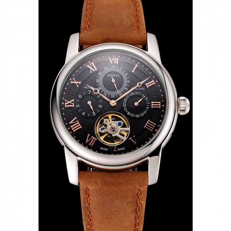 Patek Philippe Grand Complications Day Date Tourbillon Black Dial Rose Gold Numerals Stainless Steel Case Brown Suede Leather Strap 1453815-1