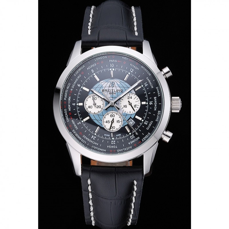 Breitling Transocean Chronograph Unitime Black Dial Stainless Steel Case Black Leather Bracelet 622242-1