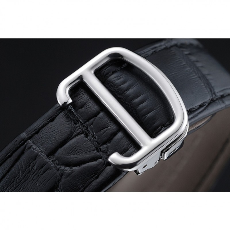 Cartier Drive De Cartier White Dial Silver Diamond Case Black Leather Bracelet 1454215-6