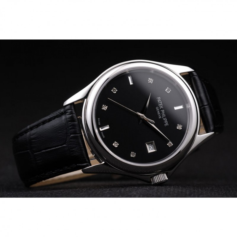 Patek Philippe Geneve Calatrava Crystal Studded Hour Marker Black Dial Black Leather Strap 98170-3
