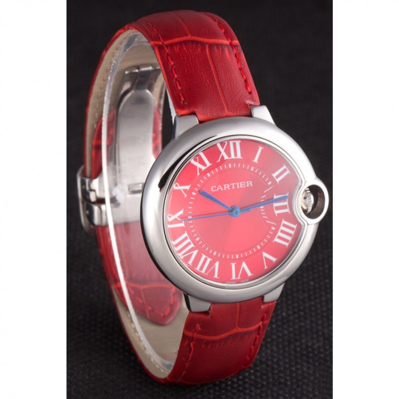 Luxury Replica Watches Cartier Ballon Bleu Silver Bezel with Red Dial and Red Leather Band 621556-2