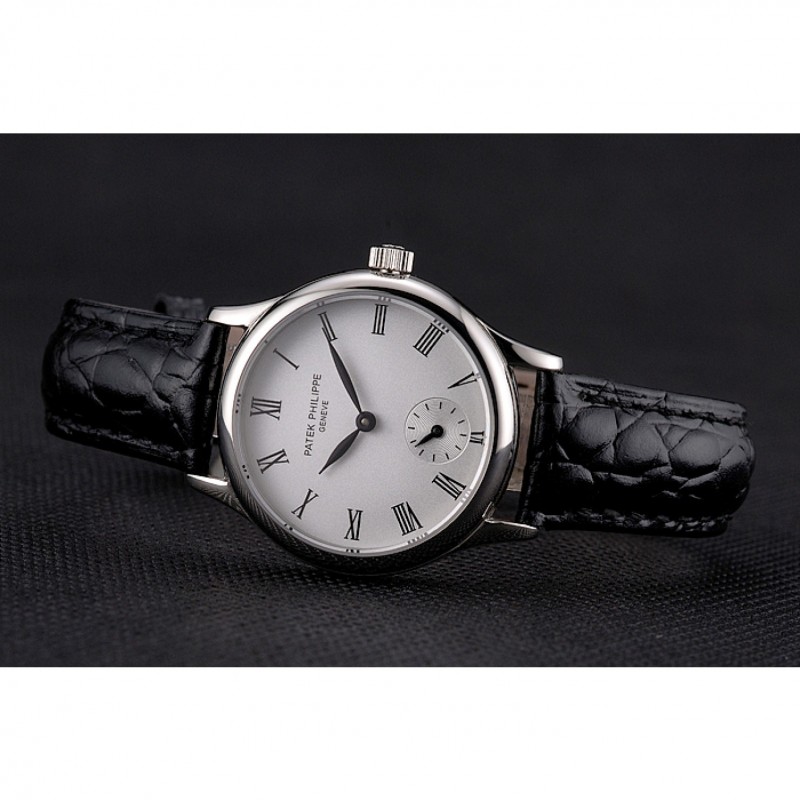 Patek Philippe Calatrava White Dial Roman Numerals Stainless Steel Case Black Leather Strap-3