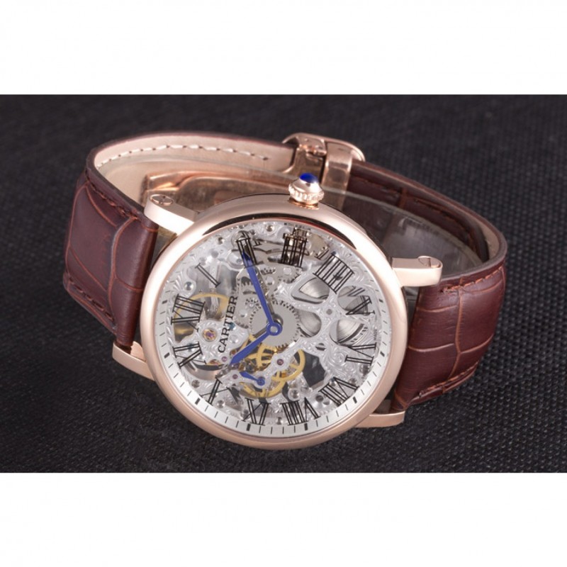 Luxury Cartier Luxury Skeleton Watch with Rose Gold Bezel and Brown Leather Band 621557-4