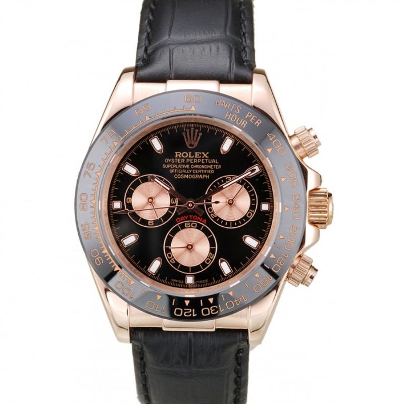 Rolex Daytona Rose Gold Case Black Dial Black Leather Strap-0