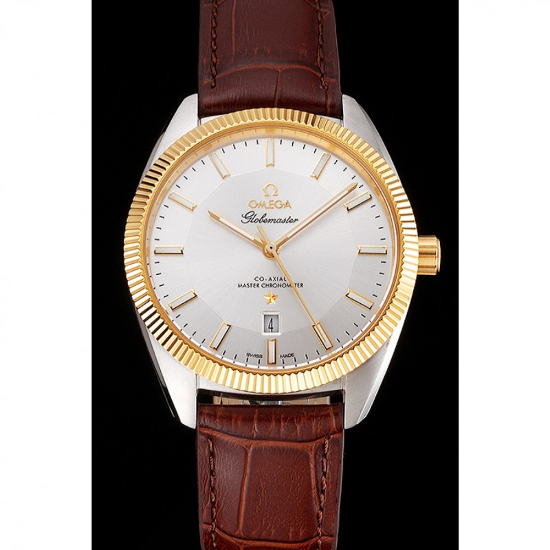 Omega Globemaster Silver Dial Gold Bezel Stainless Steel Case Brown Leather Strap-1