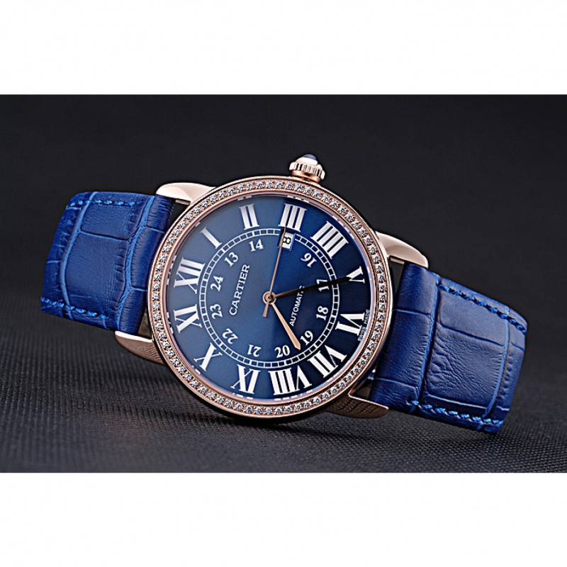 Swiss Cartier Ronde Solo Gold Diamond Case Blue Dial Roman Numerals 622208-4