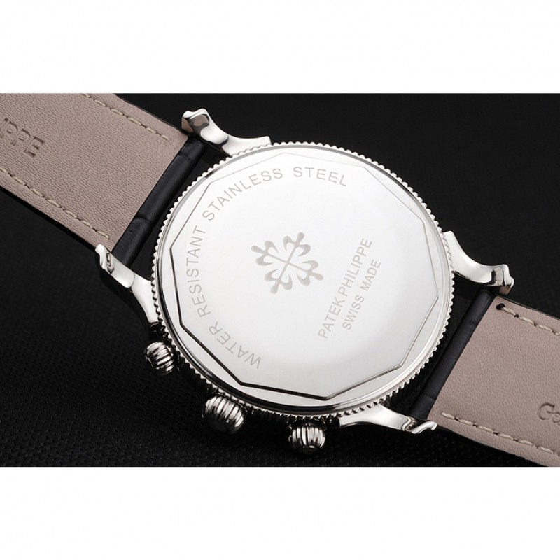 Patek Philippe Chronograph White Dial Blue Markings Stainless Steel Case Black Leather Strap-7