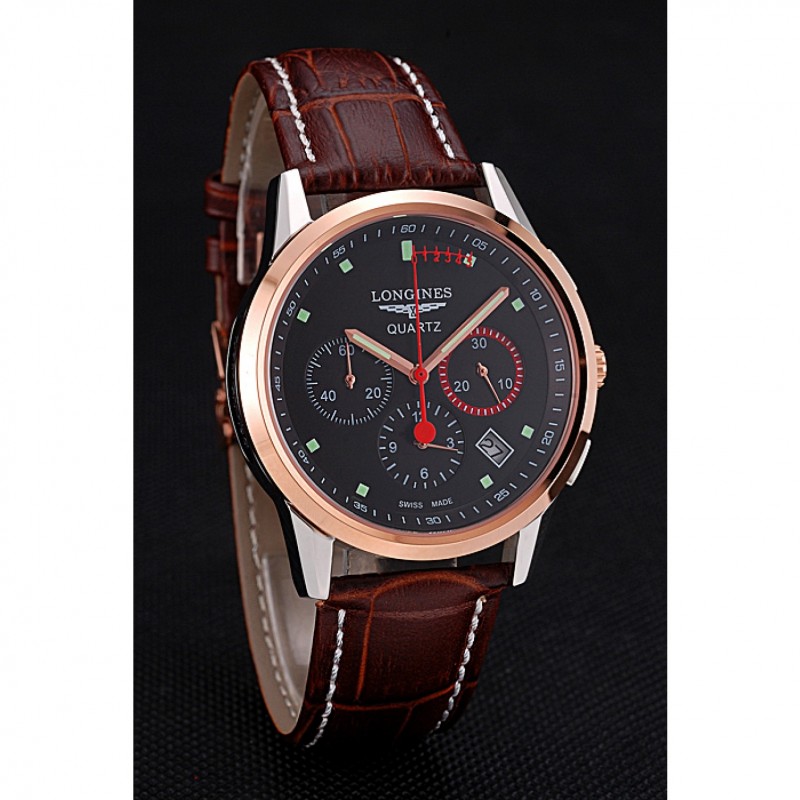 High End Longines Column Wheel Black Dial Two Tone Case Brown Leather Strap-2