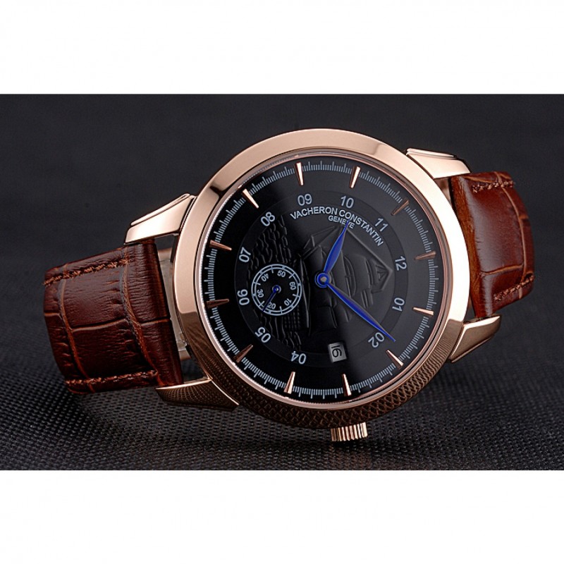 Vacheron Constantin Traditionnelle Black Ship Dial Rose Gold Case Brown Leather Strap-3