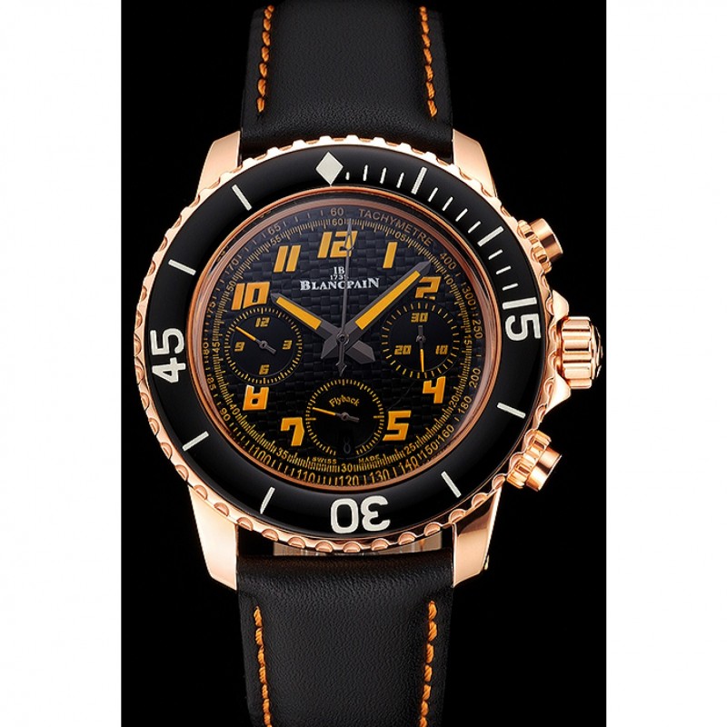 Swiss Blancpain Fifty Fathoms Flyback Chronograp Carbon Fiber Dial Rose Gold Case Black Leather Strap-1