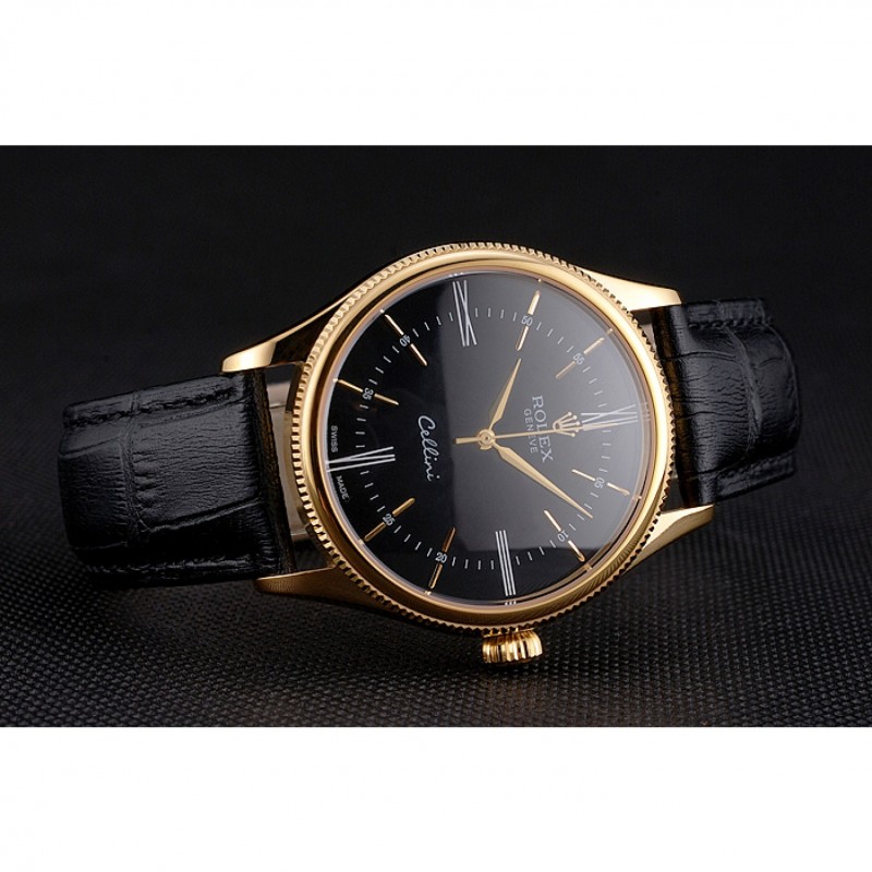 Swiss Rolex Cellini Black Dial Roman Numerals Gold Case Black Leather Strap-4