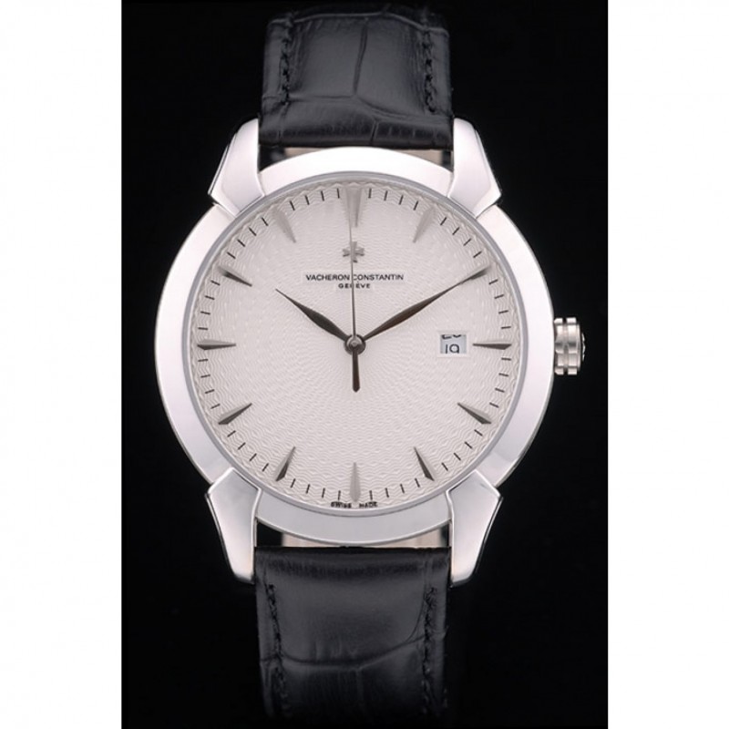 Swiss Vacheron Constantin Traditionnelle White Dial Stainless Steel Case Black Leather Bracelet-1