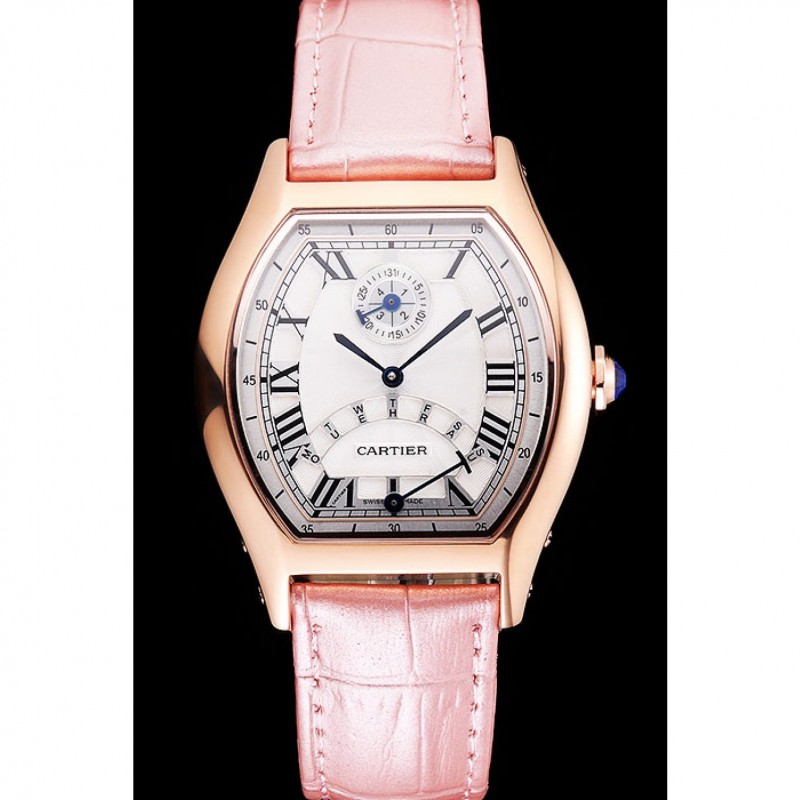 Best Replica Watches Cartier Tortue Perpetual Calendar White Dial Gold Case Pink Leather Strap-1