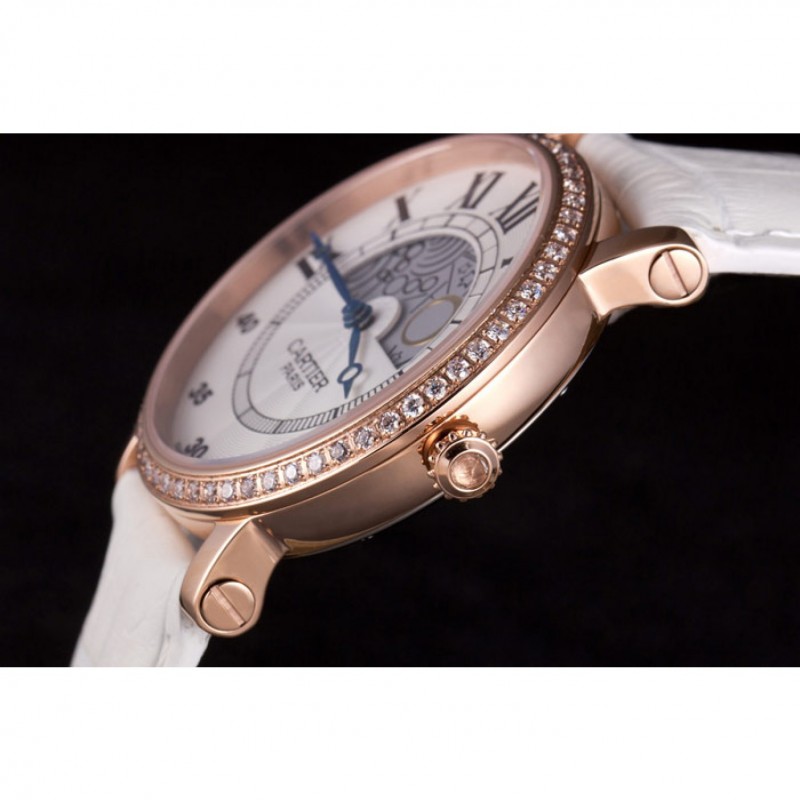 Cartier Moonphase Rose Gold Watch with White Leather Band ct254 621373-5