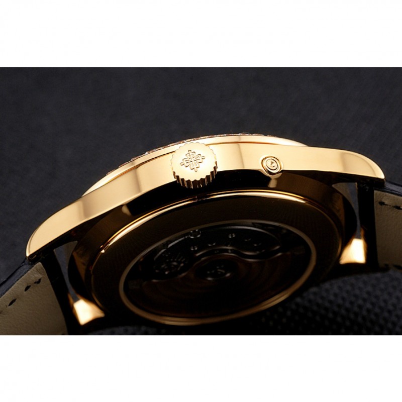 Swiss Patek Philippe Grand Complications Perpetual Calendar Blue Dial Gold Case Diamond Bezel Black Leather Strap-8