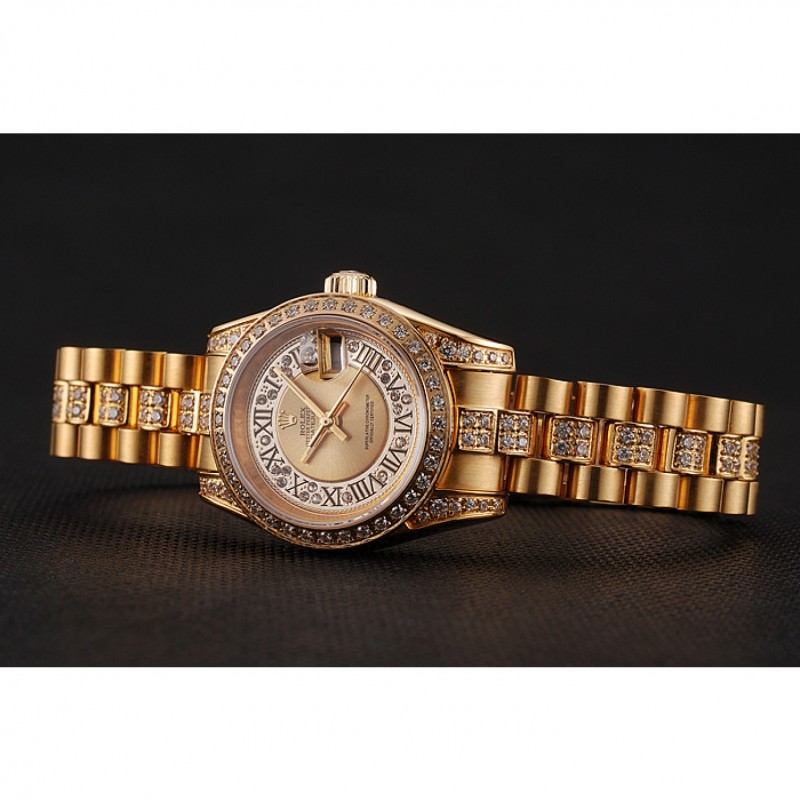 Swiss Rolex DayJust Diamond Pave Gold Dial Gold Diamond Bracelet 1453953-3