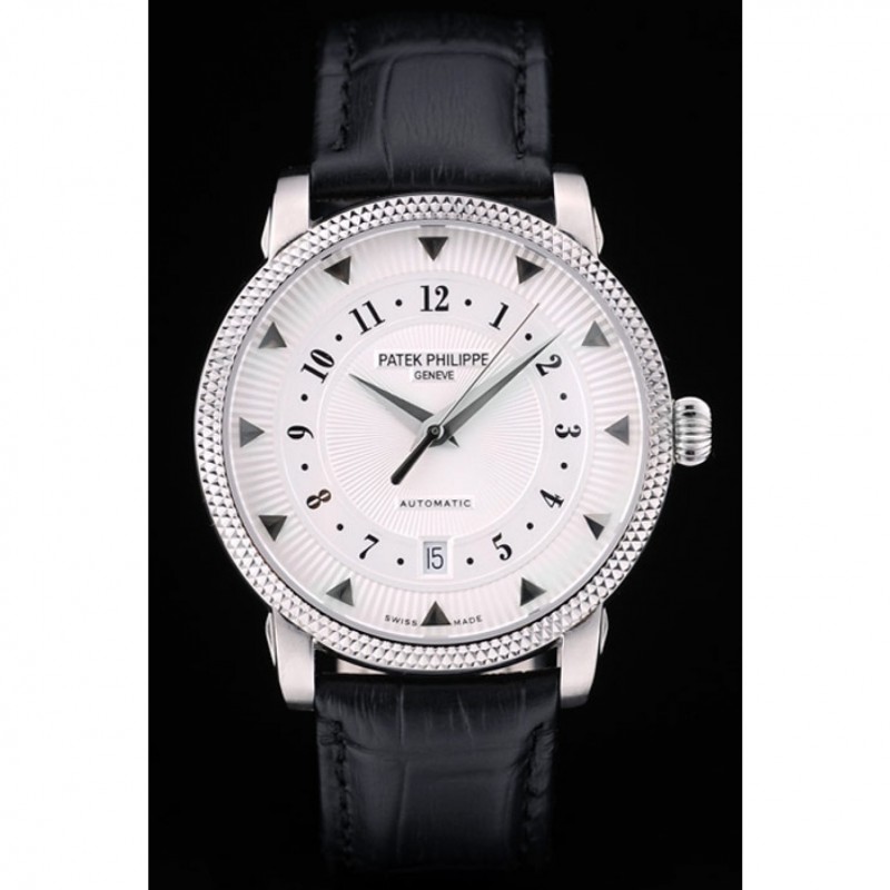 Patek Philippe Swiss Calatrava Ribbed Bezel White Dial Black Leather Strap 7657-1