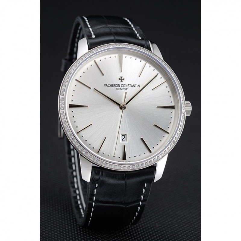 SS Replica Watches Swiss Vacheron Constantin Patrimony White Dial Silver Diamonds Case Black Leather Bracelet 1454162-2