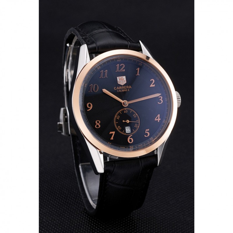 Tag Heuer Carerra Calibre 6 Black Dial Rose Gold Black Leather Band 622163-2