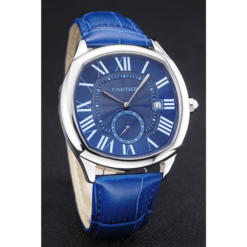 High End Cartier Drive De Cartier Blue Dial Silver Case Blue Leather Bracelet 1454211-2