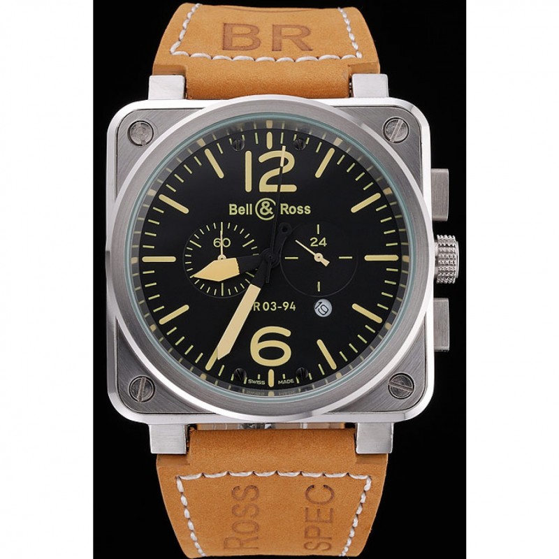 Luxury Bell and Ross BR 03-94 Black Dial Silver Case Brown Leather Strap-1