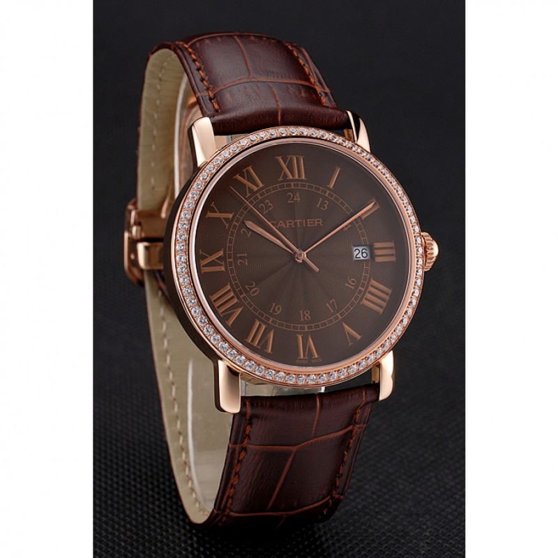 Cartier Ronde Solo Brown Dial Diamond Bezel Rose Gold Case Brown Leather Strap-2