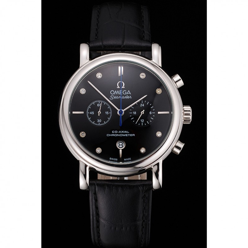High Quality Omega Seamaster Vintage Chronograph Black Dial Diamond Hour Marks Stainless Steel Case Black Leather Strap-1