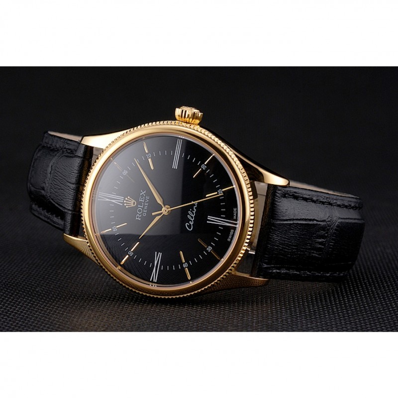 Swiss Rolex Cellini Black Dial Roman Numerals Gold Case Black Leather Strap-3