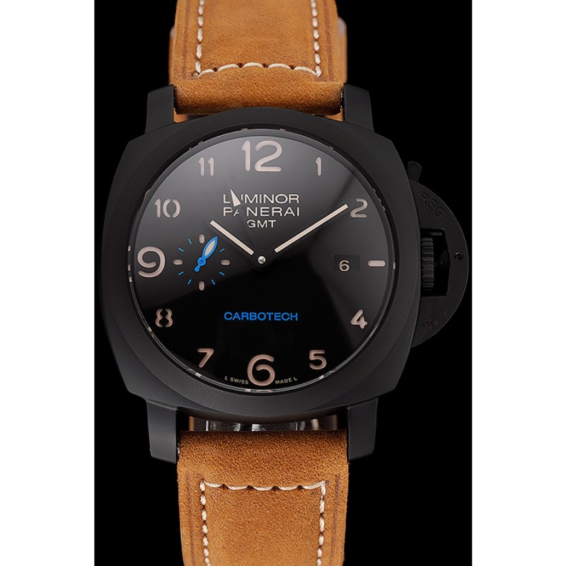 Swiss Panerai Luminor GMT Carbotech Black Dial Black Case Brown Leather Strap-1