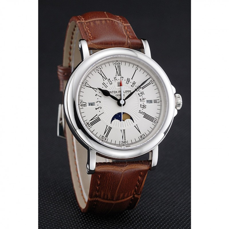 Cheap Replica Watches Patek Philippe Perpetual Calendar Retrograde Date White Dial Silver Case Brown Leather Bracelet 1454149-2