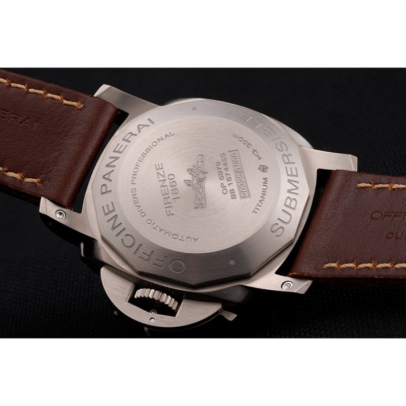High End Swiss Panerai Submersible Left Handed Black Embossed Case Stainless Steel Case Brown Leather Strap-7