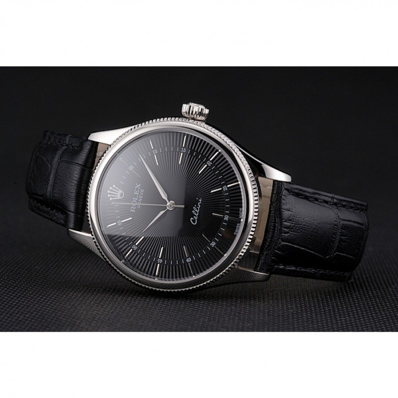 Swiss Rolex Cellini Black Dial Steel Case Black Leather Strap-4